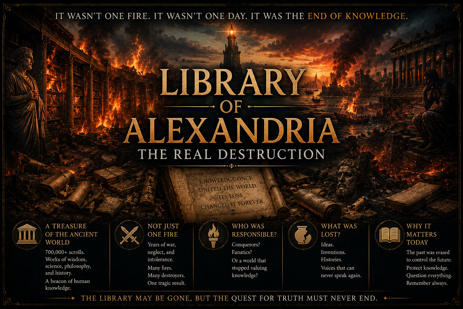 Artistic reconstruction of the Great Library of Alexandria showing scholars studying scrolls in a grand columned hall overlooking the harbor