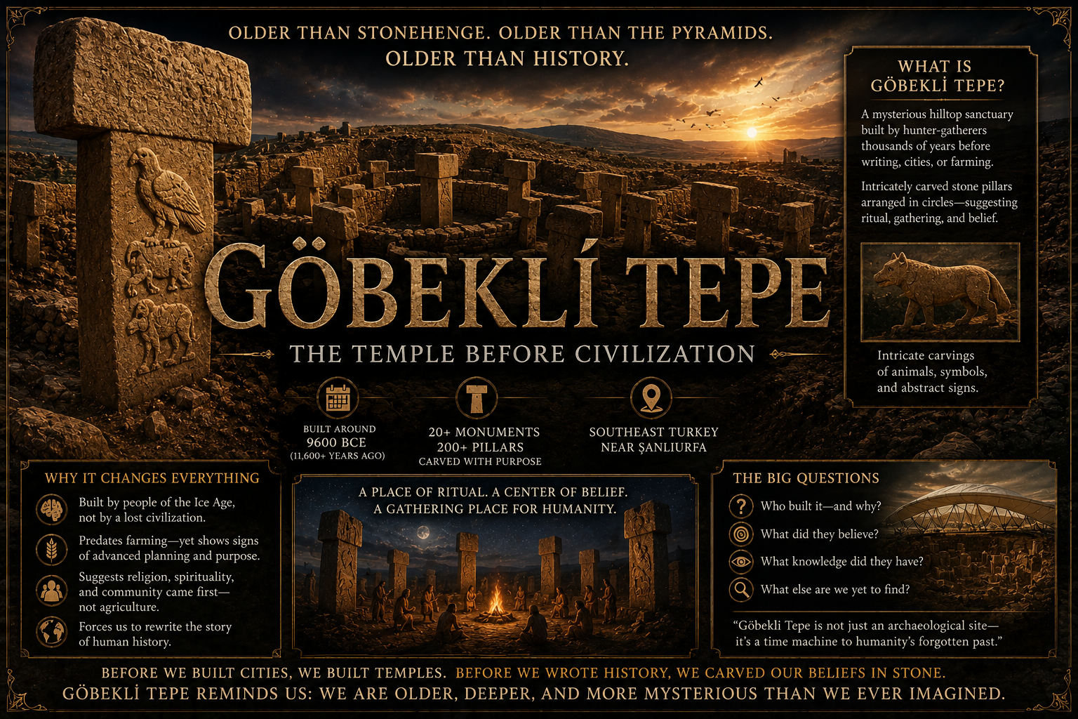 T-shaped limestone pillars at Göbekli Tepe in southeastern Turkey, carved with detailed reliefs of foxes, vultures, and scorpions by hunter-gatherers 12,000 years ago