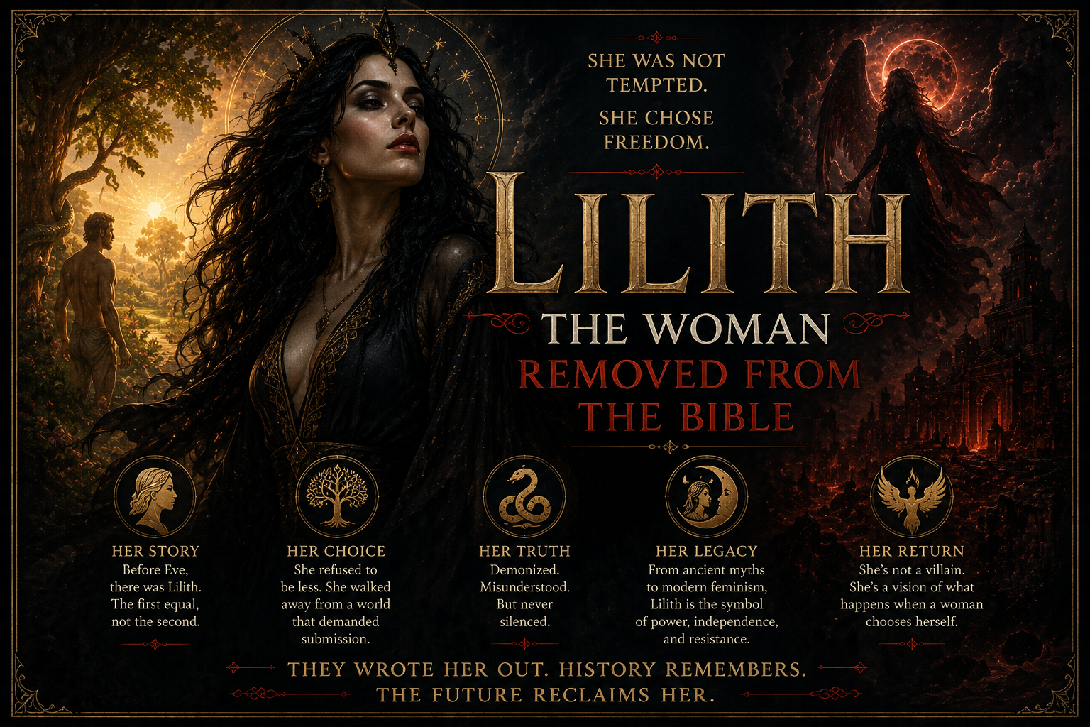 Pre-Raphaelite style painting depicting Lilith as a fierce and beautiful woman surrounded by serpents and deep shadow