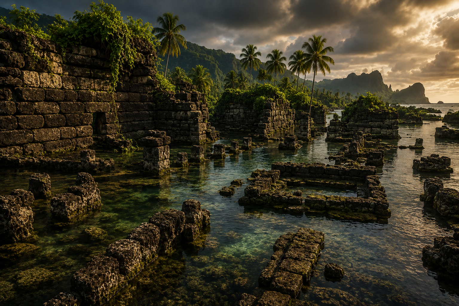 Aerial view of Nan Madol ancient ruins showing interconnected stone islets and canal networks in the lagoon off Pohnpei Micronesia