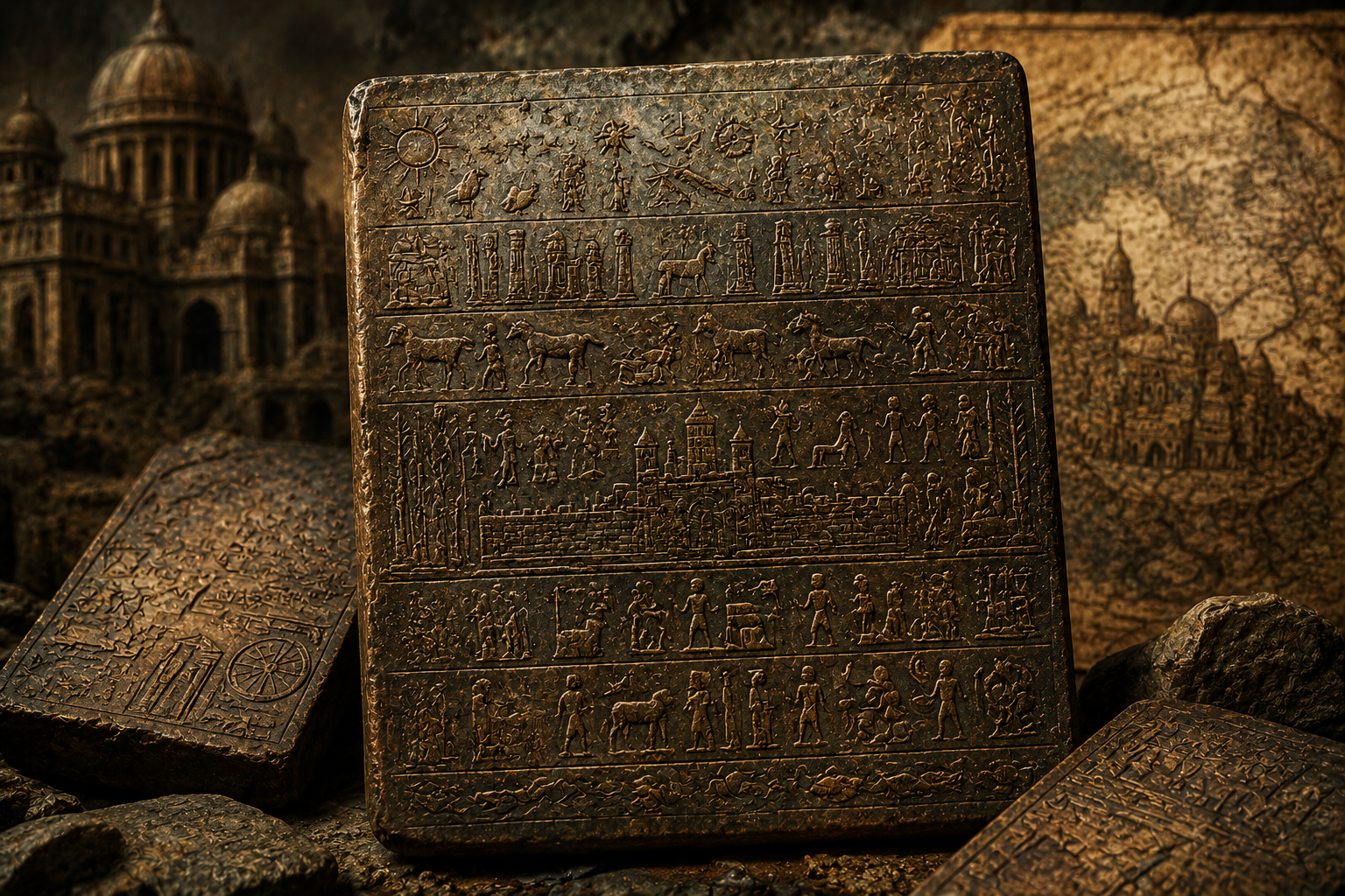 The three small clay Tartaria tablets from Romania displaying incised prehistoric symbols held at the National History Museum of Transylvania