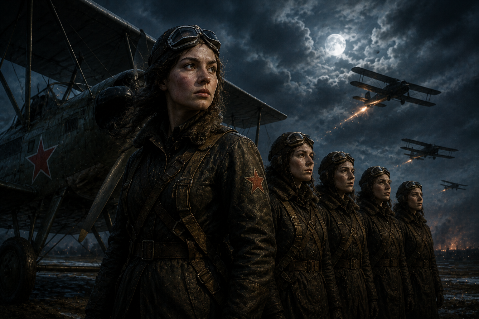 Archival black and white photograph of Soviet women pilots from the 588th Night Bomber Regiment known as the Night Witches during World War II