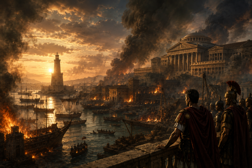 Ships burning in Alexandria's harbour with the Pharos lighthouse and Roman soldiers watching