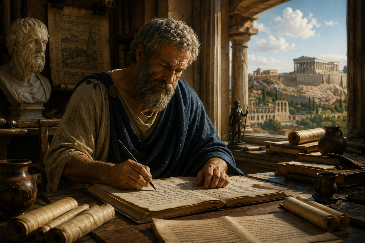 A Greek philosopher writing on papyrus among scrolls, a temple hill through the columns
