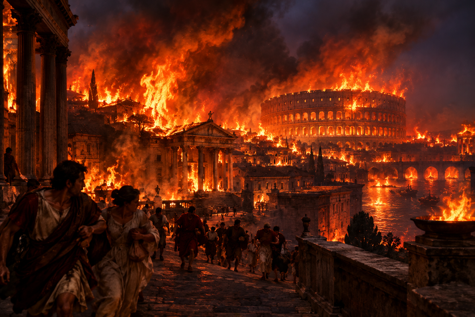 The Great Fire of Rome consuming the Circus Maximus in 64 CE