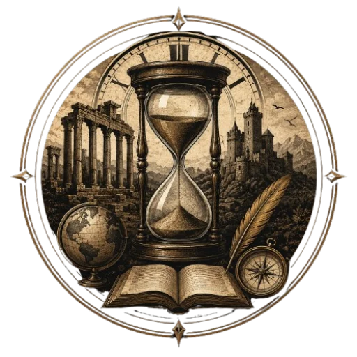 Tales From Time logo, an hourglass ringed by ruins, a globe, book, quill and compass